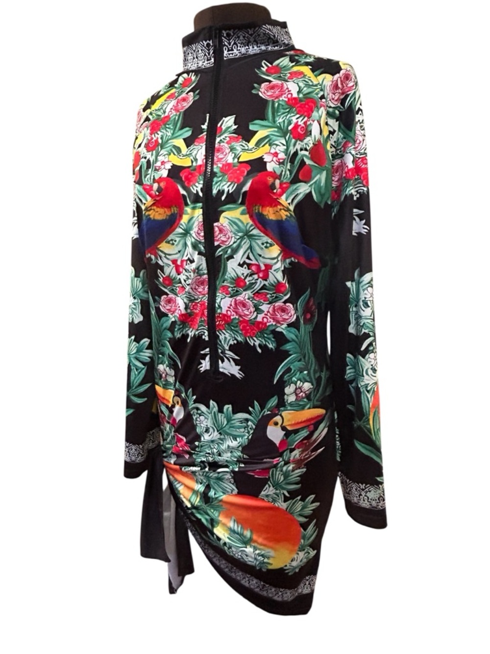 Tropical Amazon Parrot & Toucan Print Long Sleeve Dress with Zipper Front